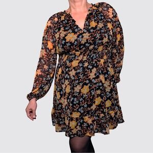 Black Orange Floral Smocked Waist Long Sleeve Chiffon Mini Dress M 0X Fall